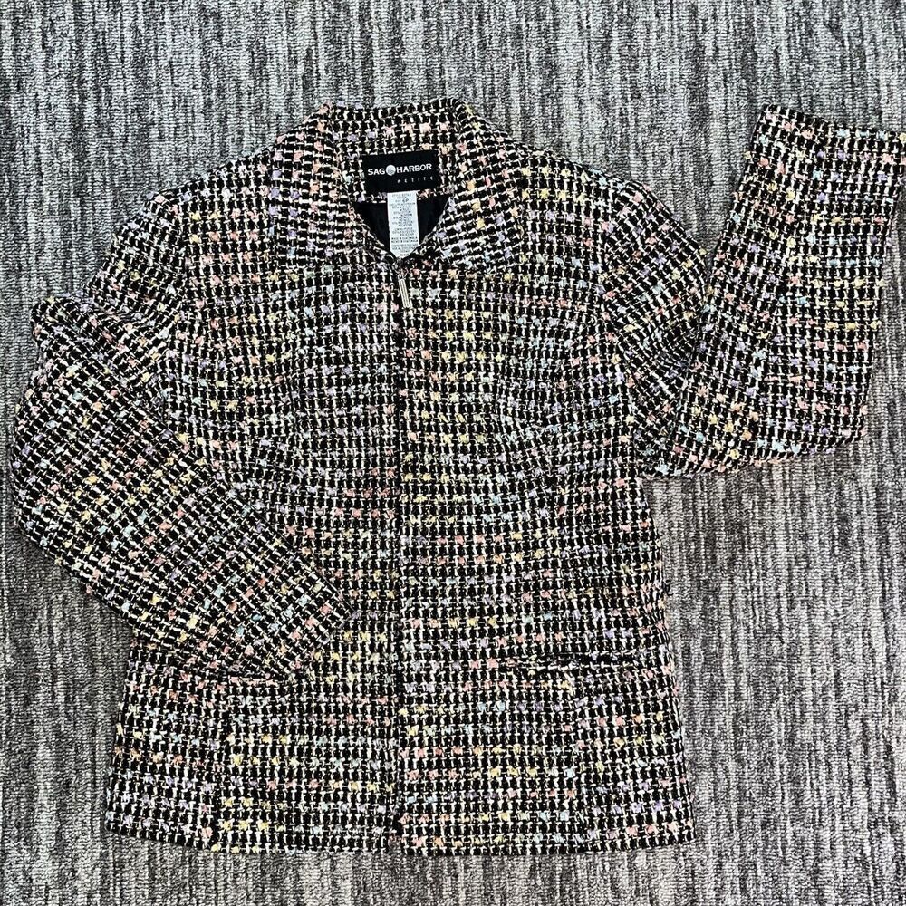 VTG Sag Harbor Womens Tweed Blazer Size 6P Petite Multicolor Spring Easter Zip